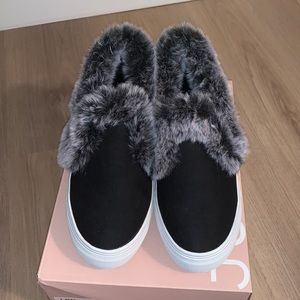NEW black faux fur slip on sneakers